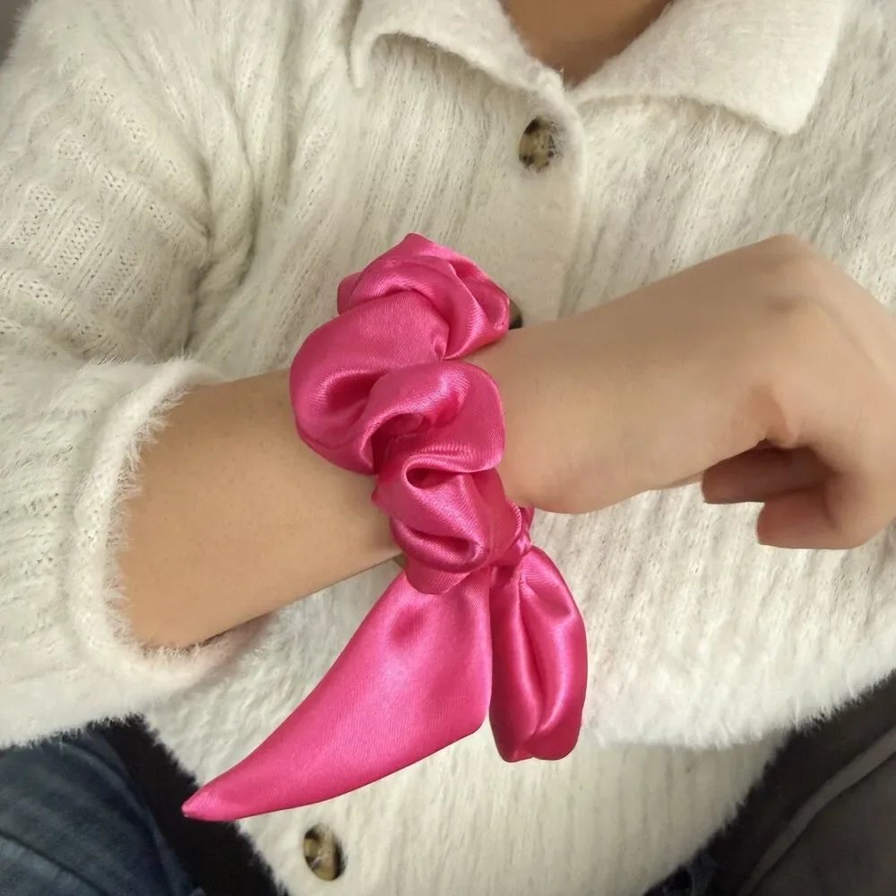 Luxury Hot Pink Satin Bow Scrunchie Handmade – Statement Hair Accessory - Picture 12 of 16